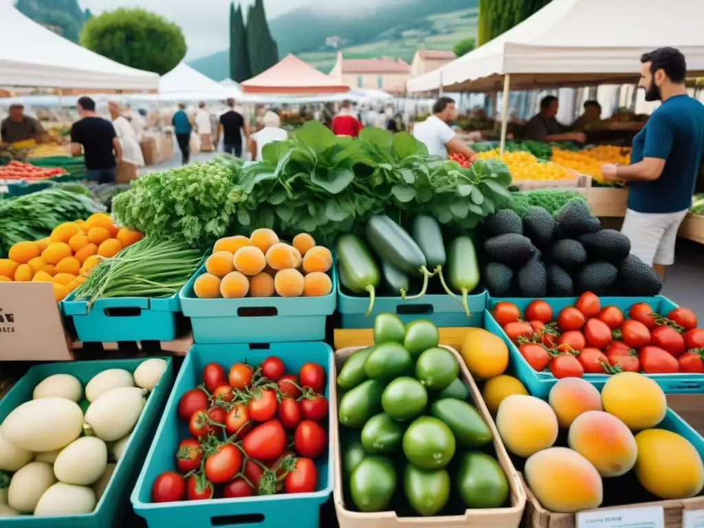 Un animado mercado de agricultores en el sur de Francia, con frutas y verduras de temporada coloridas