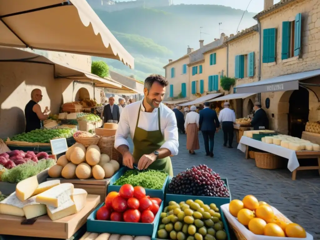 Un animado mercado al aire libre en Provenza, Francia, lleno de coloridos puestos de productos frescos y delicias locales