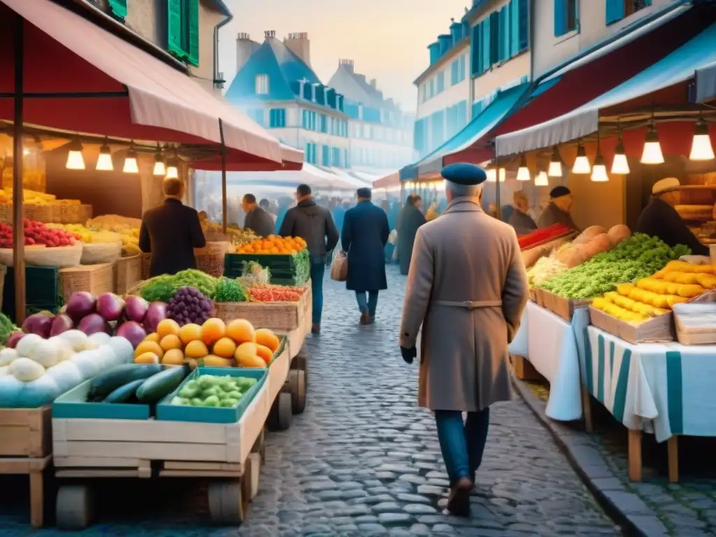 Un animado mercado al aire libre en Francia con ingredientes frescos para la cocina francesa