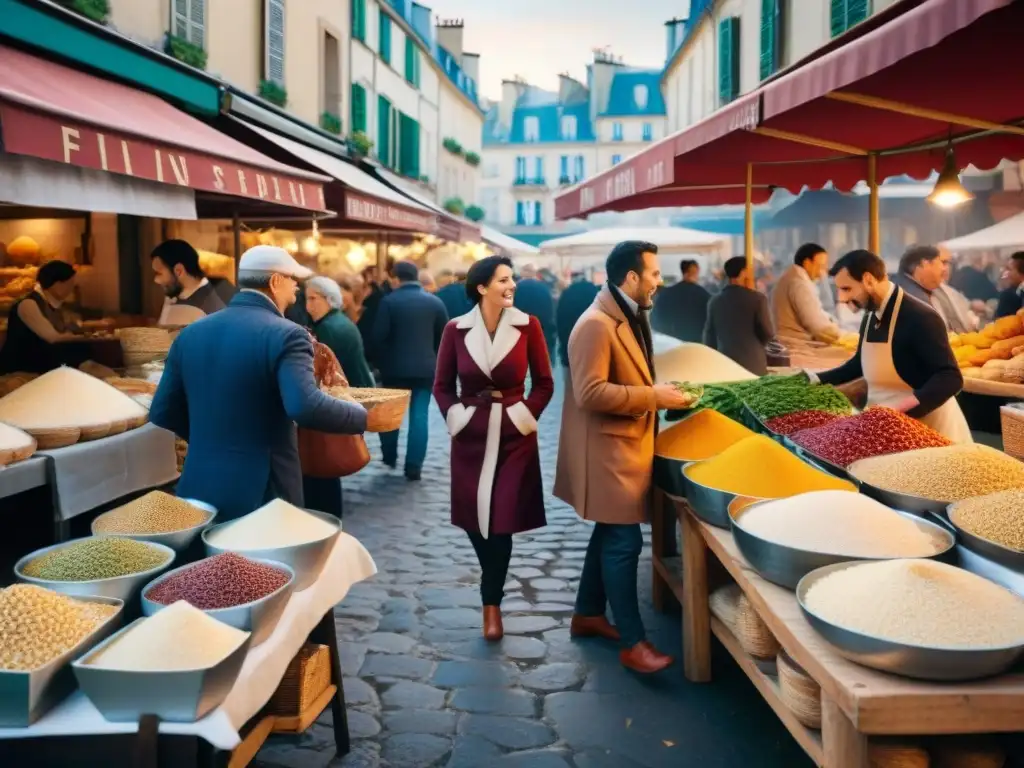 Un animado mercado al aire libre en París con ingredientes frescos italianos, historia Risotto París cocina italiana