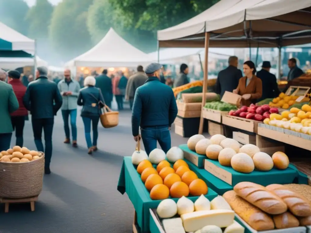 Un animado mercado al aire libre en Francia con puestos de productos orgánicos y quesos locales, creando un ambiente ecofriendly