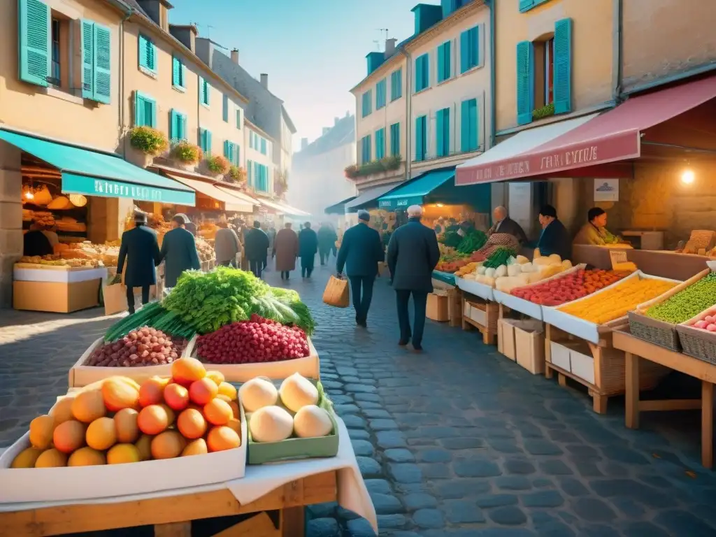 Un animado mercado al aire libre en el Suroeste de Francia, con puestos coloridos de productos locales