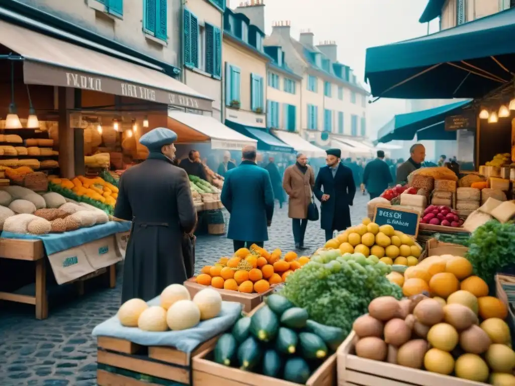 Mercado francés: colores y sabores frescos Un animado mercado al aire libre en Francia, destacando productos frescos y coloridos