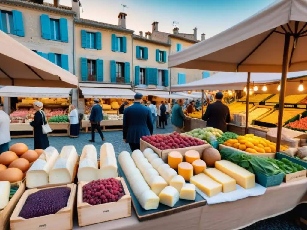 Animado mercado al aire libre en Provenza, Francia, rebosante de productos frescos, quesos artesanales y vinos locales