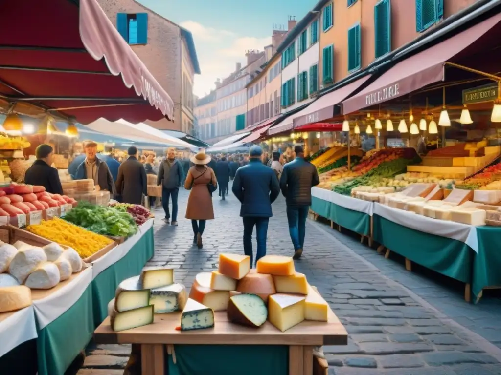 Animado mercado al aire libre en Toulouse con productos frescos y delicias locales, reflejando la cultura gastronómica de la ciudad