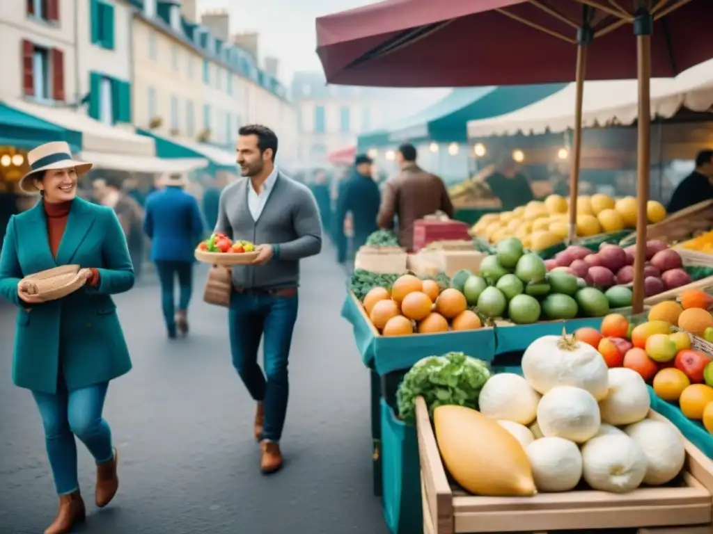 Animado mercado al aire libre en Francia, con frutas frescas, quesos y baguettes