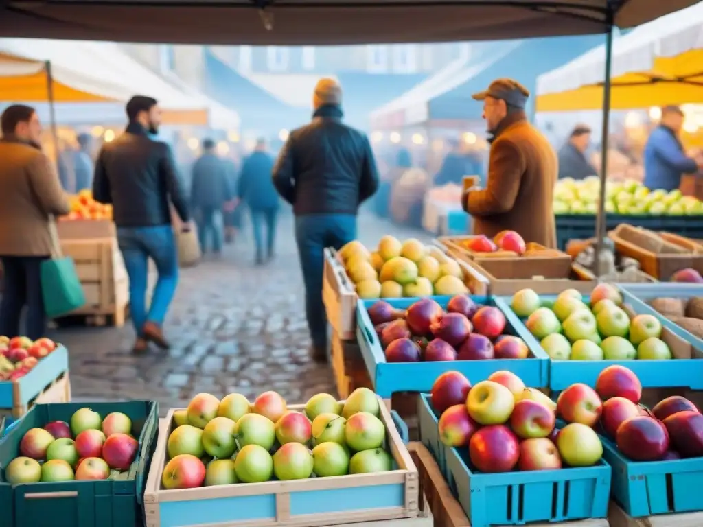 Un animado mercado al aire libre en Normandía, Francia, ofrece sidra y productos locales