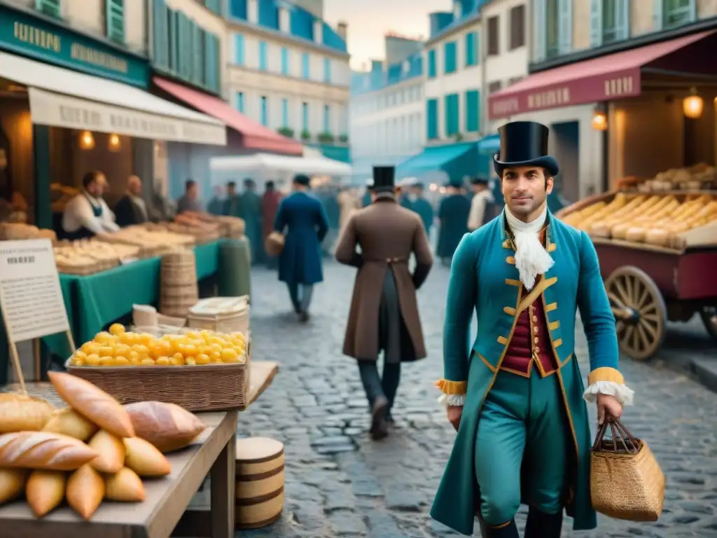 Animado mercado callejero parisino del siglo XVIII, reflejando la historia gastronomía francesa influencia cultural