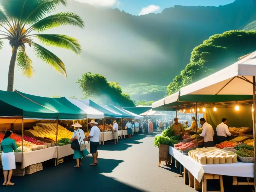 Animado mercado callejero en Reunión con los mejores restaurantes gastronomía francesa, locales y turistas disfrutando de la experiencia culinaria