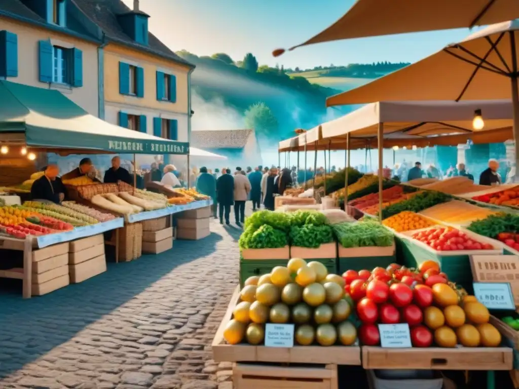 Un animado mercado campesino en Francia con productos frescos y coloridos