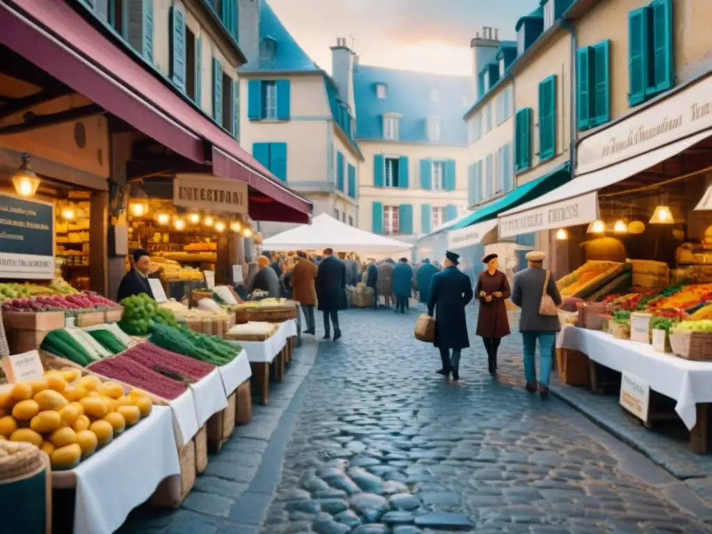 Animado mercado francés postRevolution; coloridos productos y arquitectura detallada reflejan Innovaciones culinarias gastronomía francesa