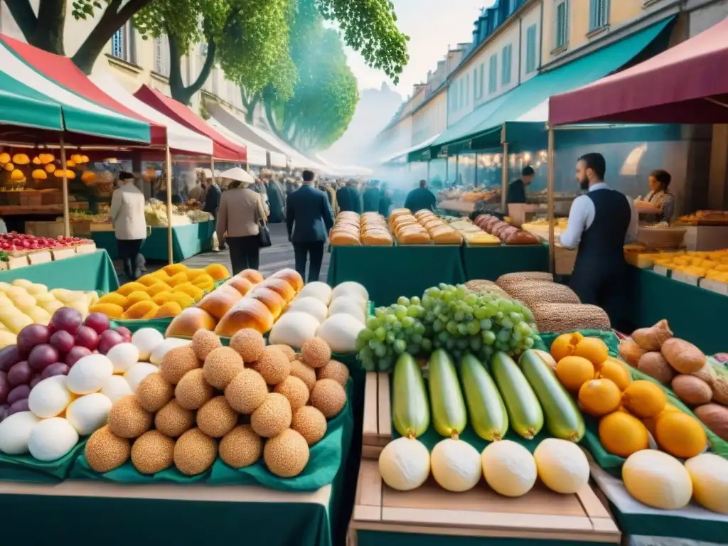 Un animado mercado de comida en Lyon, Francia, con puestos coloridos de productos frescos