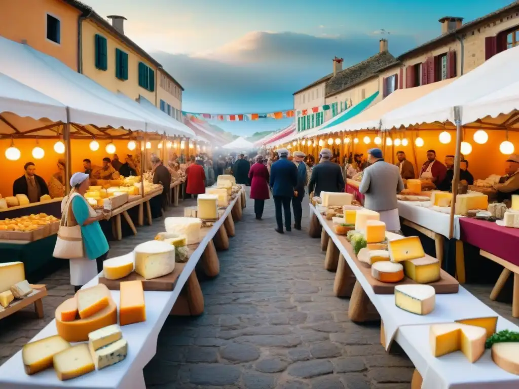 Animado mercado en el Festival de Quesos de Normandía, con puestos coloridos y vendedores en trajes tradicionales franceses