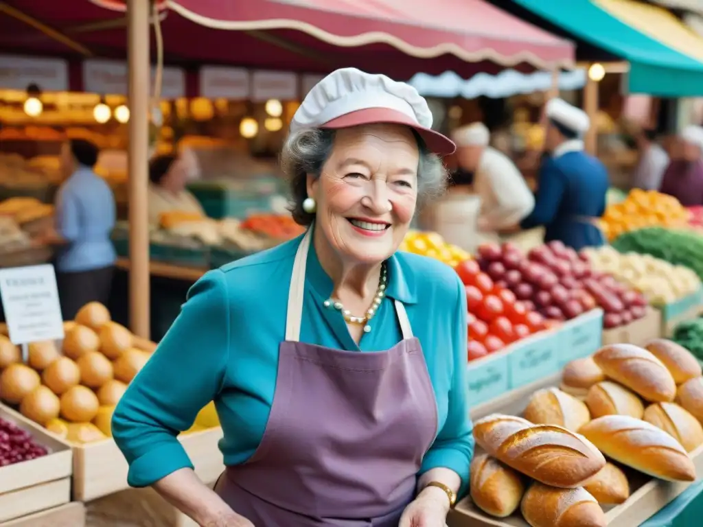 Julia Child en un animado mercado francés, irradiando amor por la gastronomía, rodeada de coloridos puestos de frutas y verduras