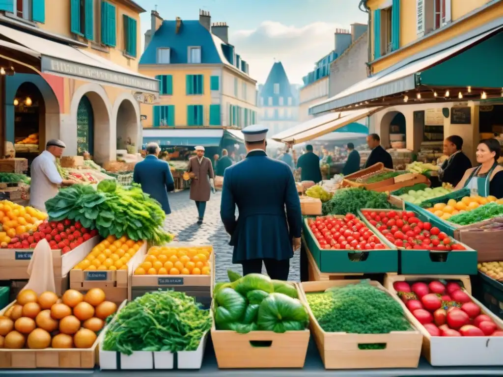 Un animado mercado francés con coloridos productos frescos