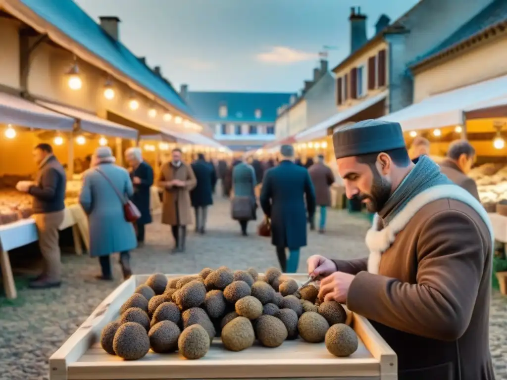 Un animado mercado francés durante un festival de trufas, con vendedores en trajes tradicionales y mesas de trufas recién cosechadas