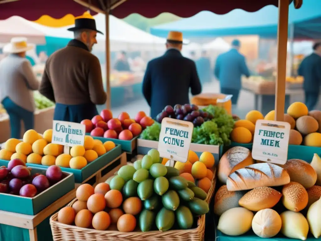 Animado mercado francés con frutas coloridas, quesos y pan recién horneado, reflejando la historia gastronomía francesa influencia cultural