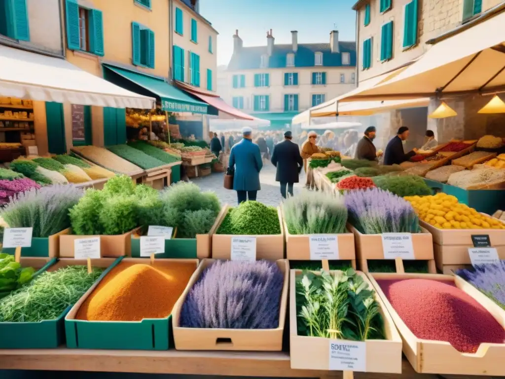 Un animado mercado francés con hierbas y especias francesas saludables, en un día soleado