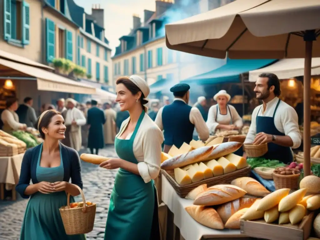 En un animado mercado francés durante la Revolución, vendedores ofrecen ingredientes de la época como baguettes y quesos