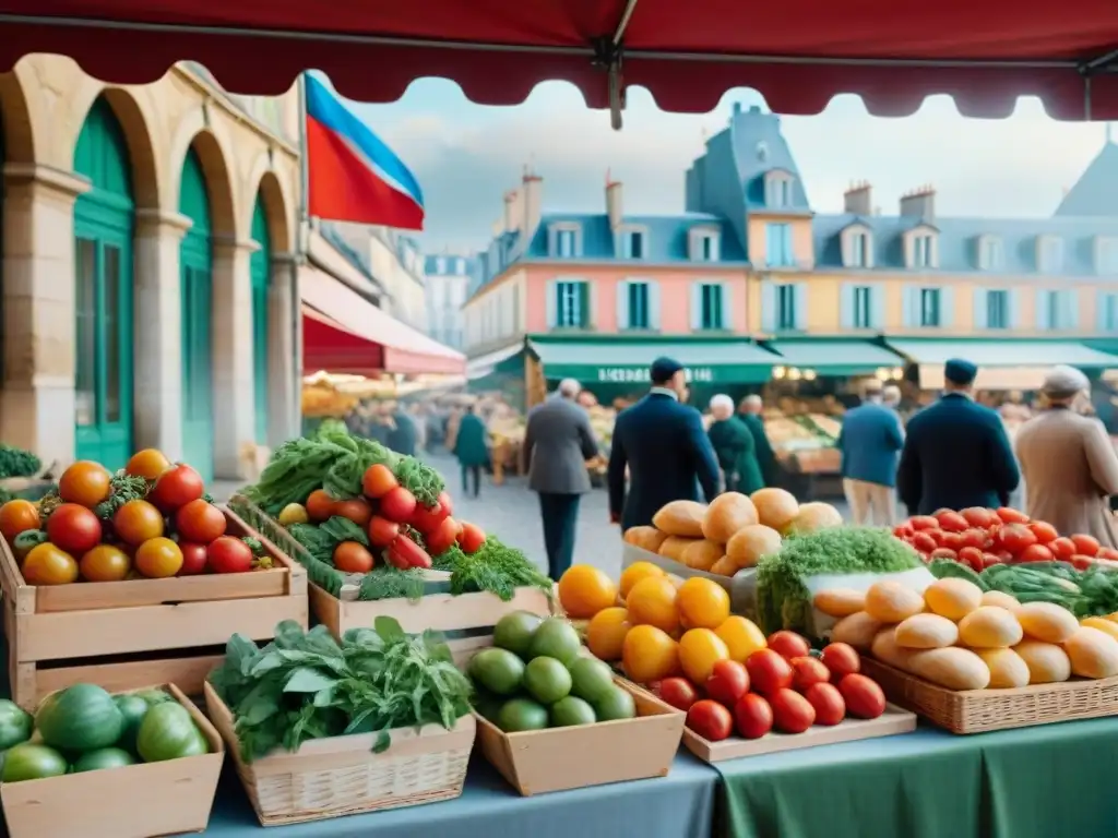 Mercado francés: tradición culinaria en alta resolución Un animado mercado francés con productos frescos y coloridos
