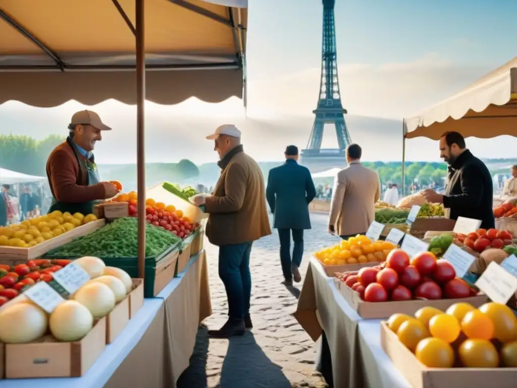 Un animado mercado francés con productos frescos y la Torre Eiffel al fondo