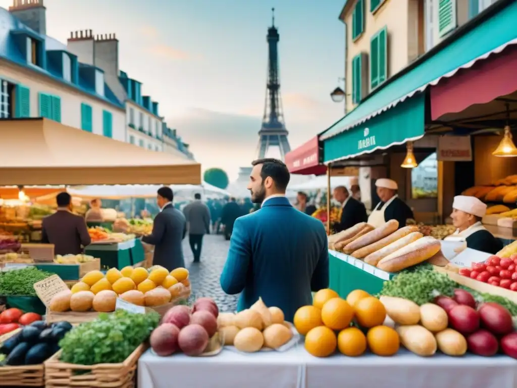 Animado mercado francés con productos vibrantes y la icónica Torre Eiffel al fondo