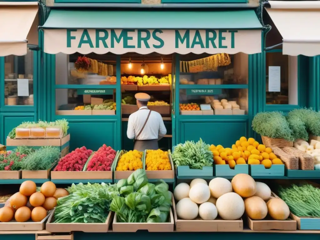 Un animado mercado francés con productos frescos y coloridos, locales curioseando y arquitectura tradicional