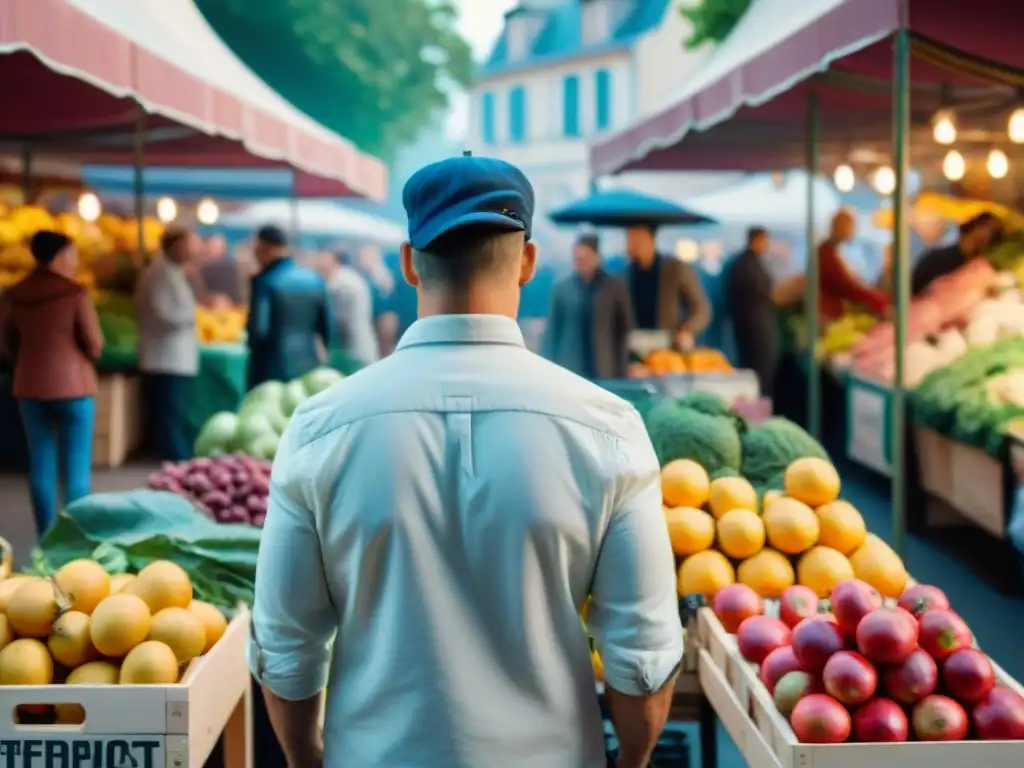 Un animado mercado francés con puestos coloridos de productos frescos y locales