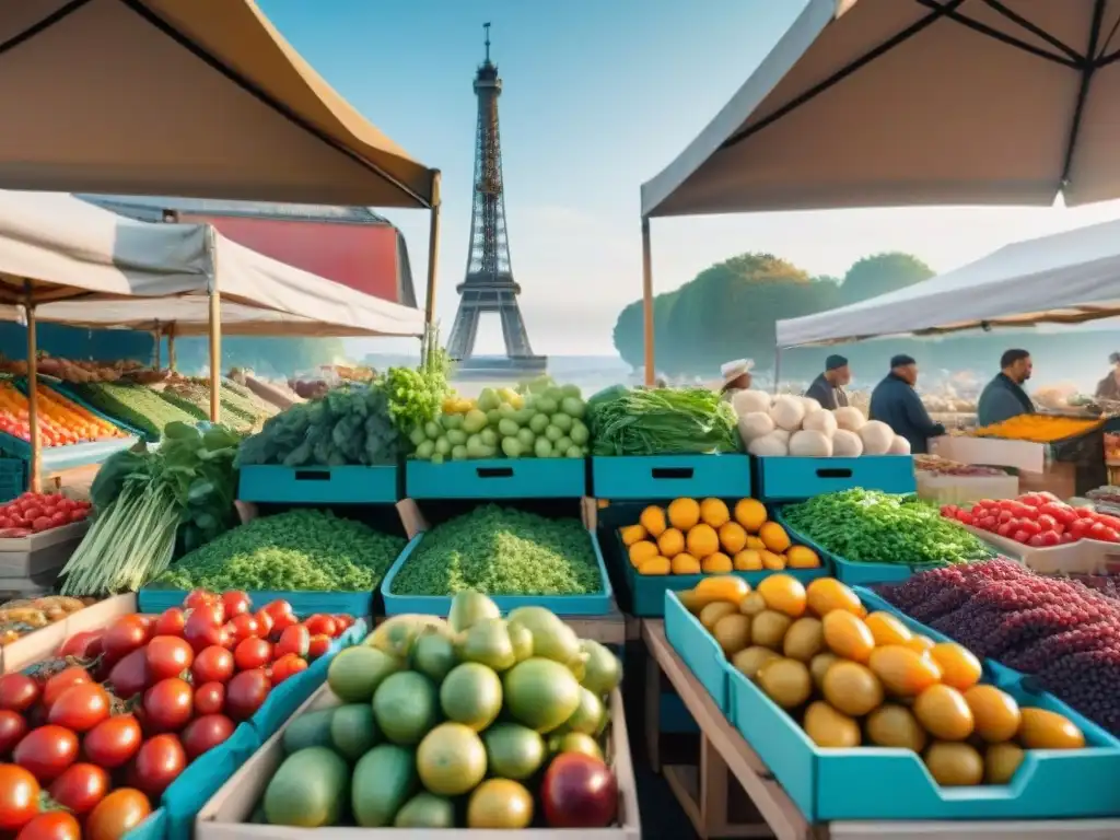 Un animado mercado francés rebosante de frutas y verduras, con la Torre Eiffel al fondo