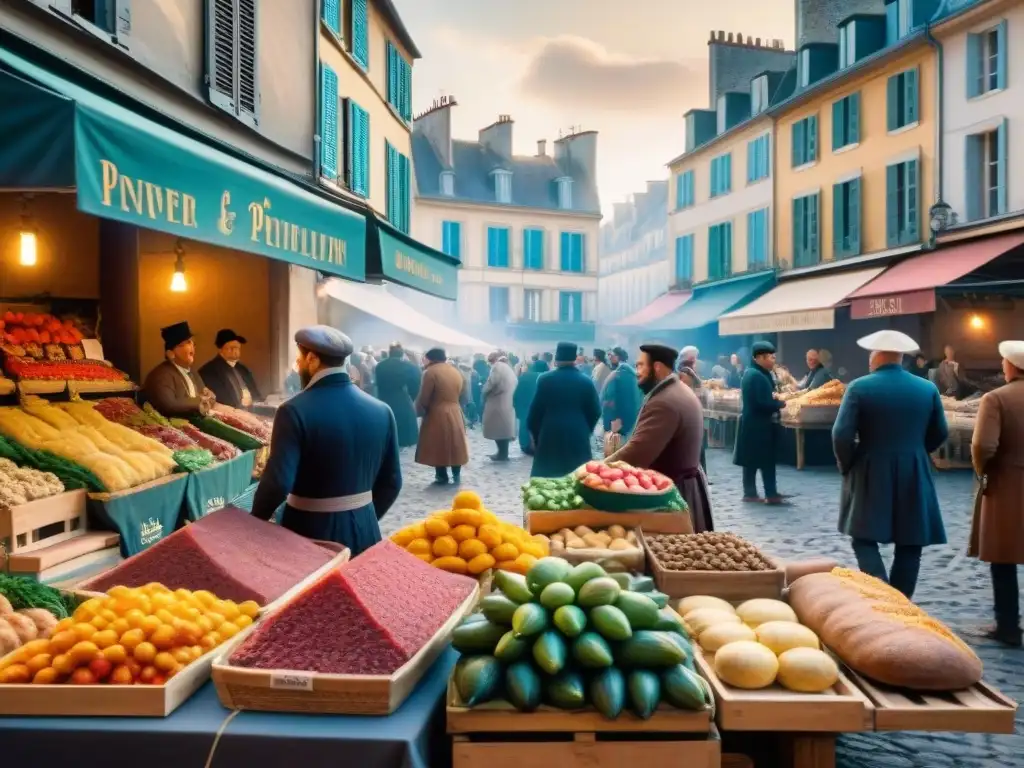 Animado mercado francés durante la Revolución, con vendedores y clientes entre colores vibrantes y la guillotina al fondo