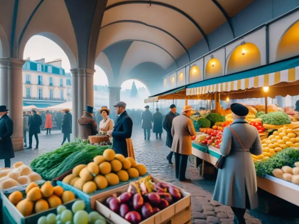 Animado mercado francés del siglo XIX, con vendedores y compradores, destacando la exquisita gastronomía francesa