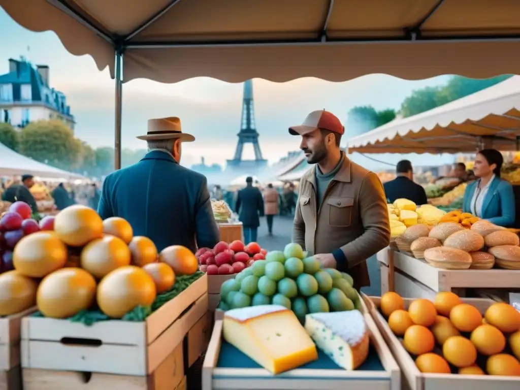 Un animado mercado francés con una variedad de productos frescos y el encanto de la Torre Eiffel al fondo