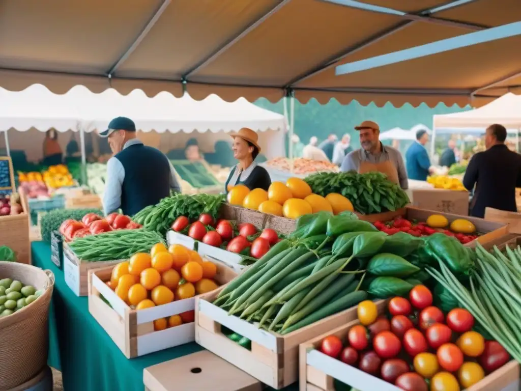 Animado mercado francés con variedad de verduras frescas, interacción entre agricultores y clientes bajo cálida luz