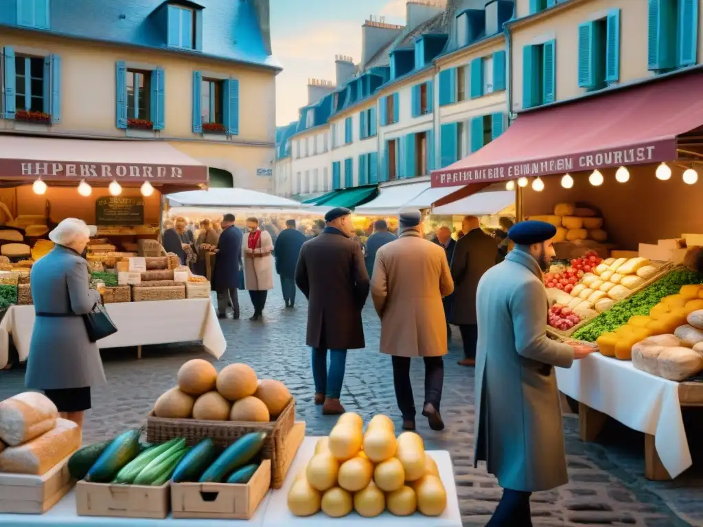 Un animado mercado francés con vendedores y clientes interactuando, destacando la conexión entre la política y la gastronomía francesa