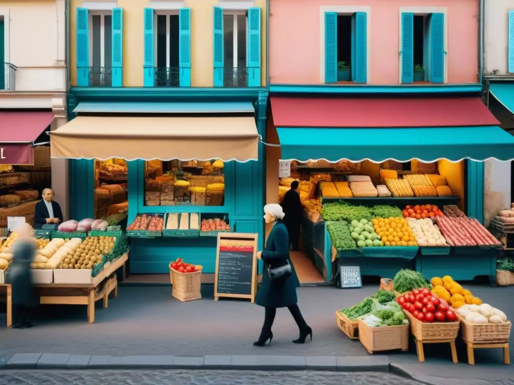 Un animado mercado francés con vendedores ofreciendo productos frescos, quesos y baguettes bajo toldos coloridos