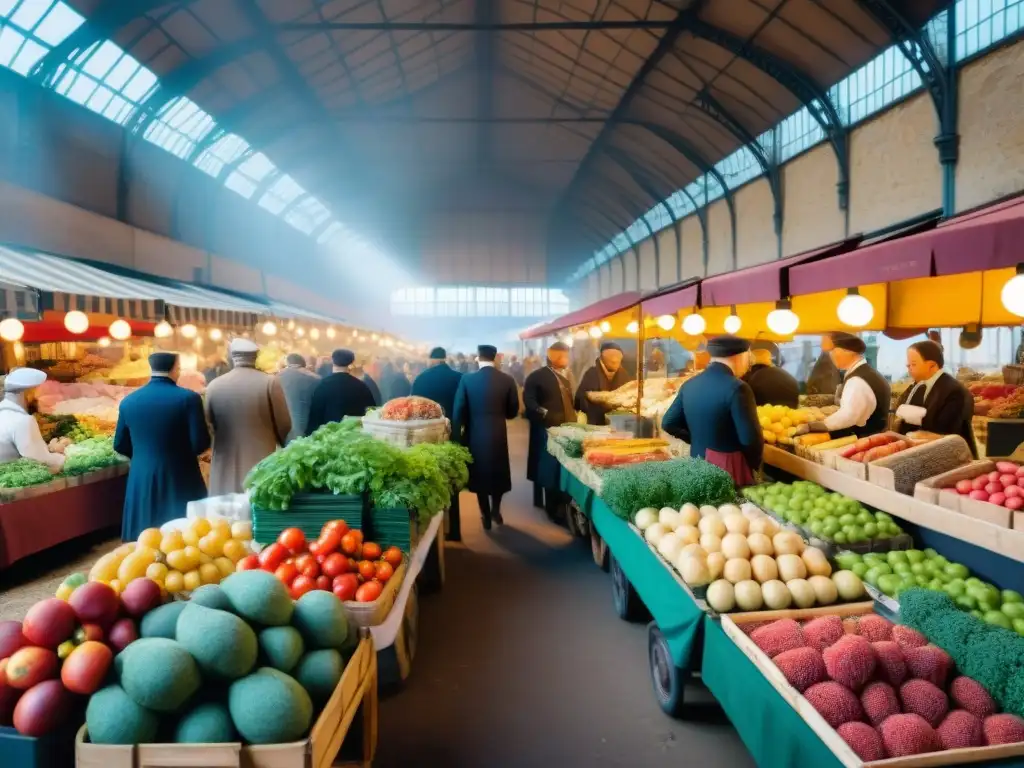 Un animado mercado francés del siglo XIX, muestra vendedores y chefs en trajes tradicionales, inspeccionando ingredientes frescos