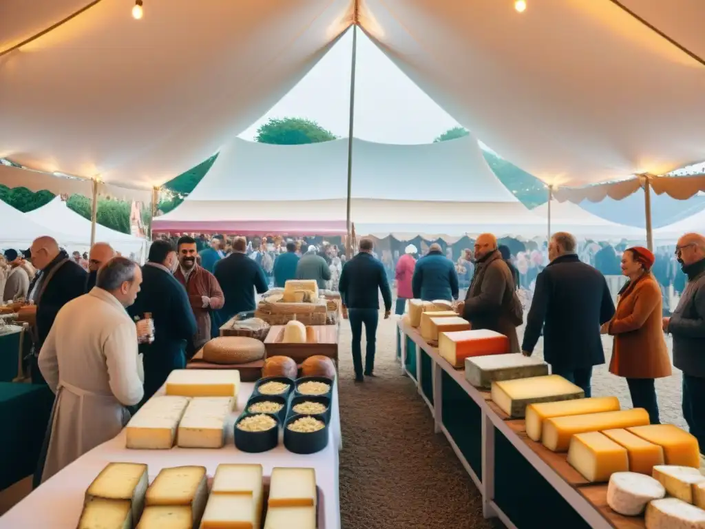 Animado mercado gastronómico en La Feria del Queso y Vino en Coulommiers, con una gran variedad de quesos y vinos bajo coloridas carpas