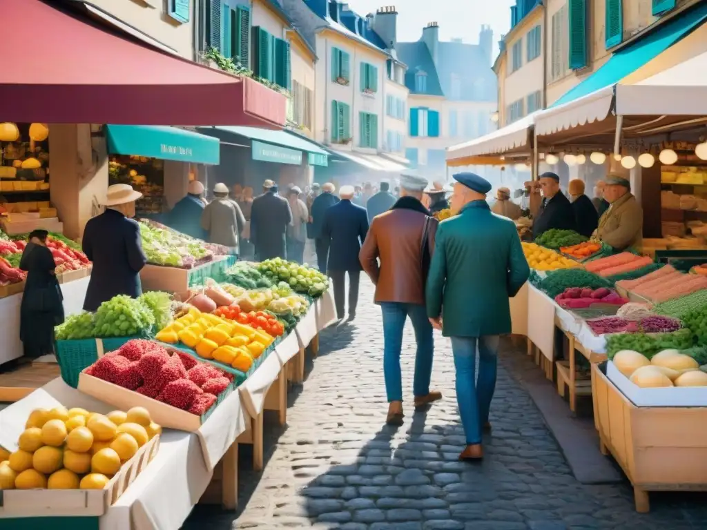 Animado mercado local francés con puestos coloridos repletos de productos frescos