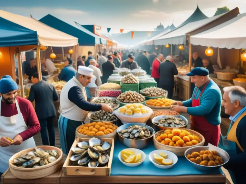 En el animado mercado de mariscos del Festival anual de ostras en Arcachon, Francia