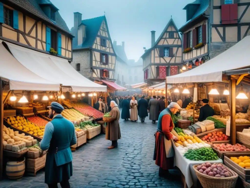 Animado mercado medieval en Francia, con vendedores, frutas, carnes y quesos coloridos