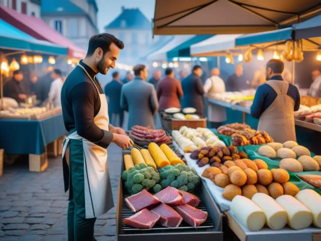 Animado mercado nocturno en Francia, con puestos coloridos iluminados y deliciosa gastronomía