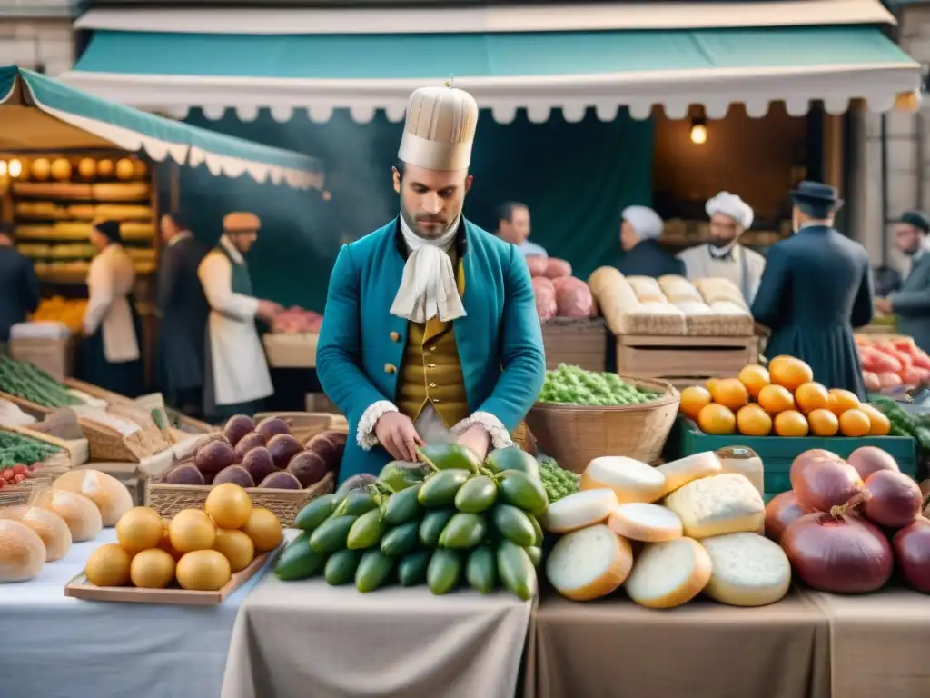 Un animado mercado parisino del siglo XVIII, con productos frescos y comerciantes en trajes tradicionales