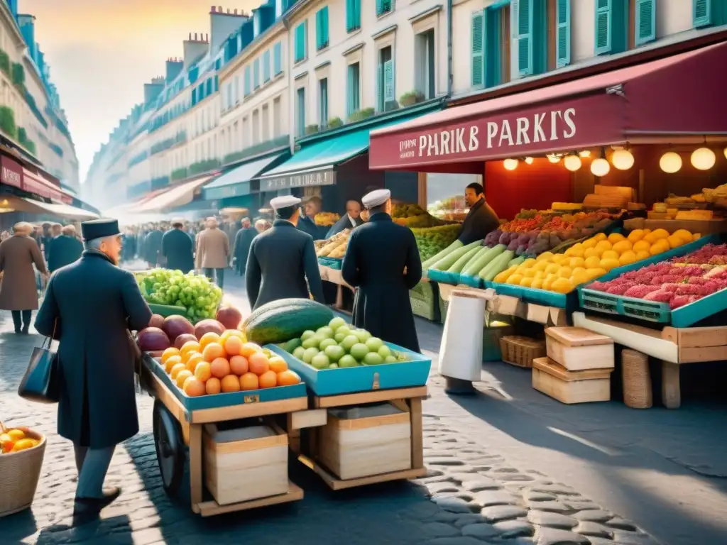 Mercado parisino del siglo XIX: escena llena de vida y color Animado mercado parisino del siglo XIX con coloridos alimentos y chefs elegantes, reflejando la gastronomía francesa siglo XIX