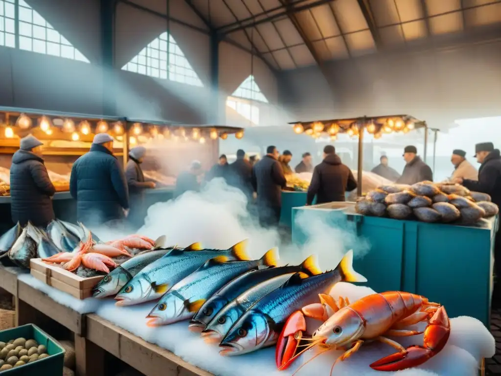 Animado mercado de pescado en Francia con mariscos frescos y coloridos