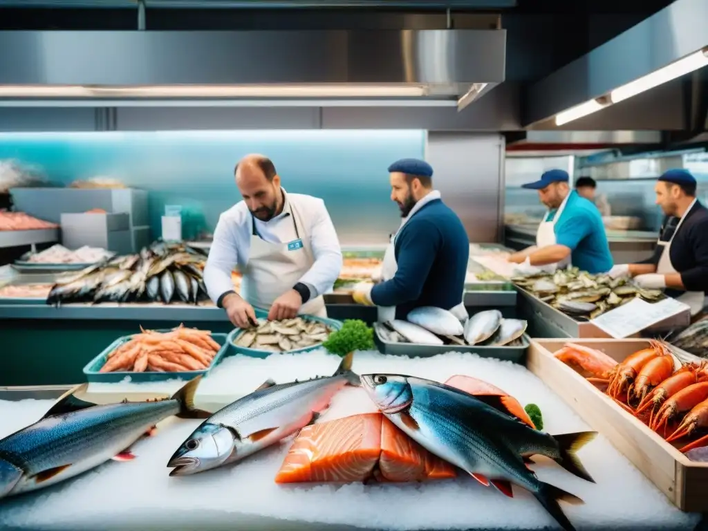 Animado mercado de pescado en Francia con puestos coloridos repletos de mariscos frescos