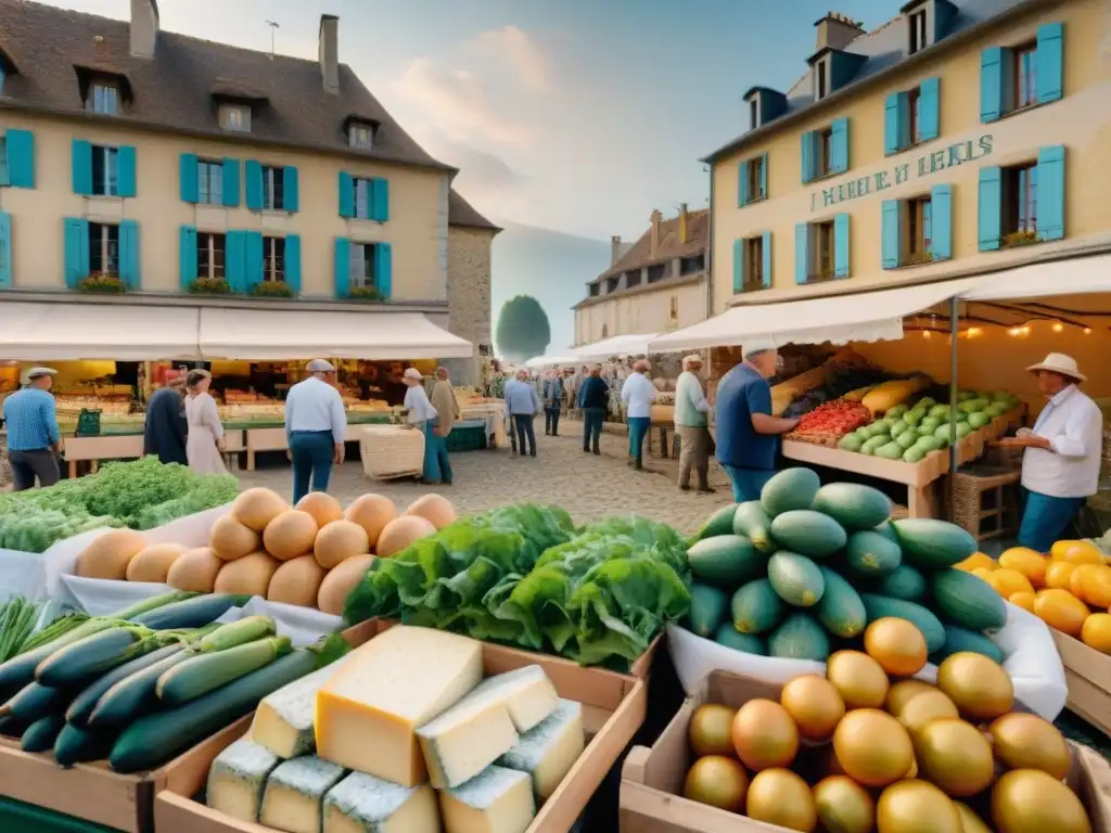 Animado mercado agrícola francés con productos frescos y un chateau al fondo