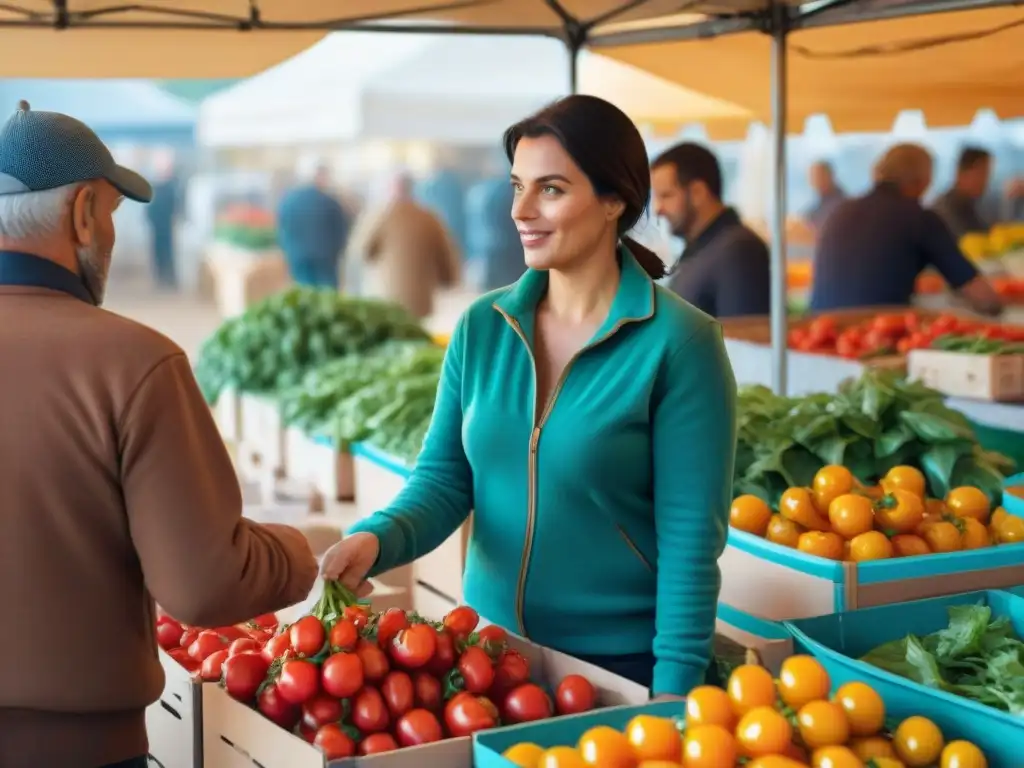 Un animado mercado agrícola en Francia rural, con productos frescos y coloridos