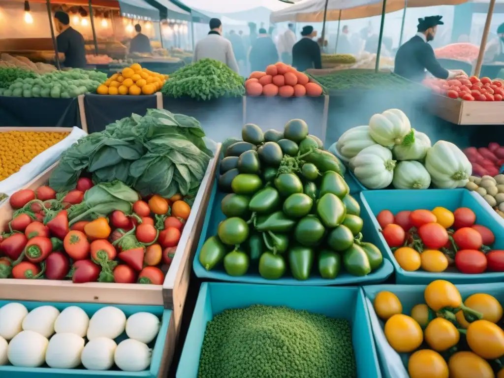 Un animado mercado vegano francés con una variedad de productos frescos y chefs preparando delicias