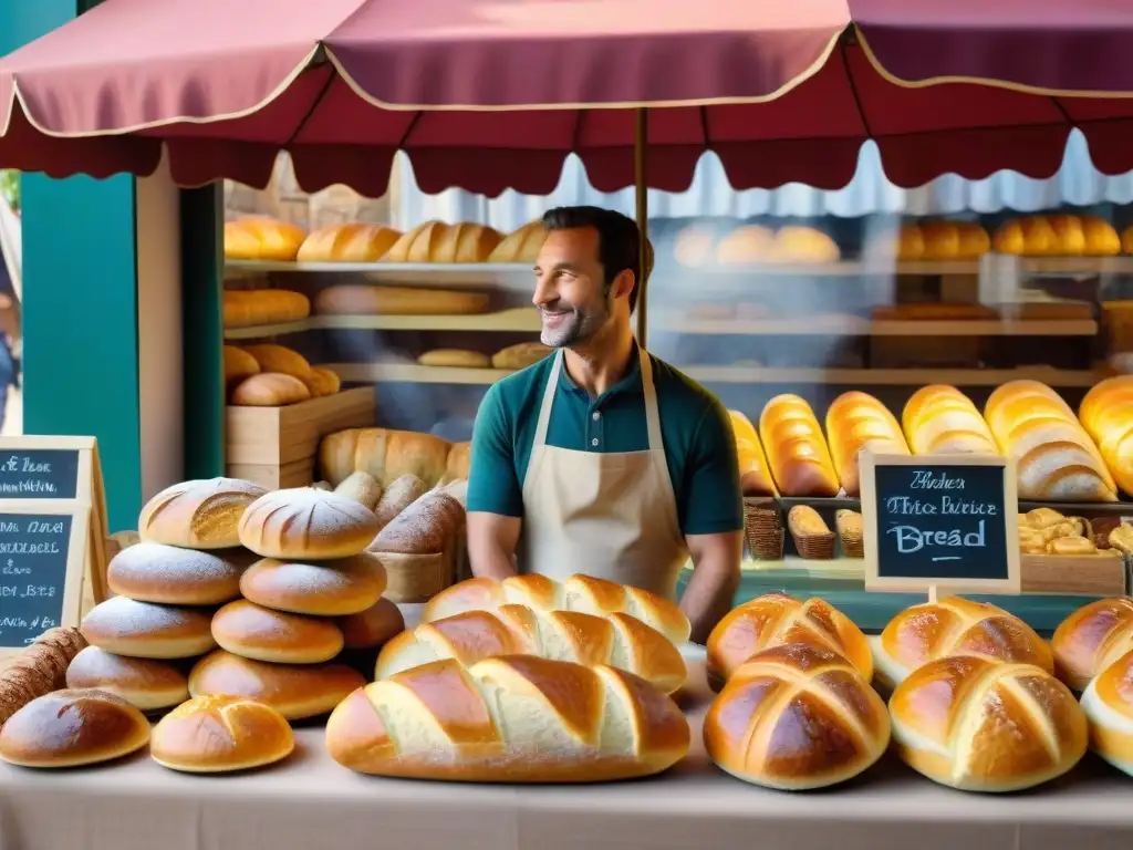 Un animado puesto de mercado francés con delicias de los mercados franceses en una mañana soleada