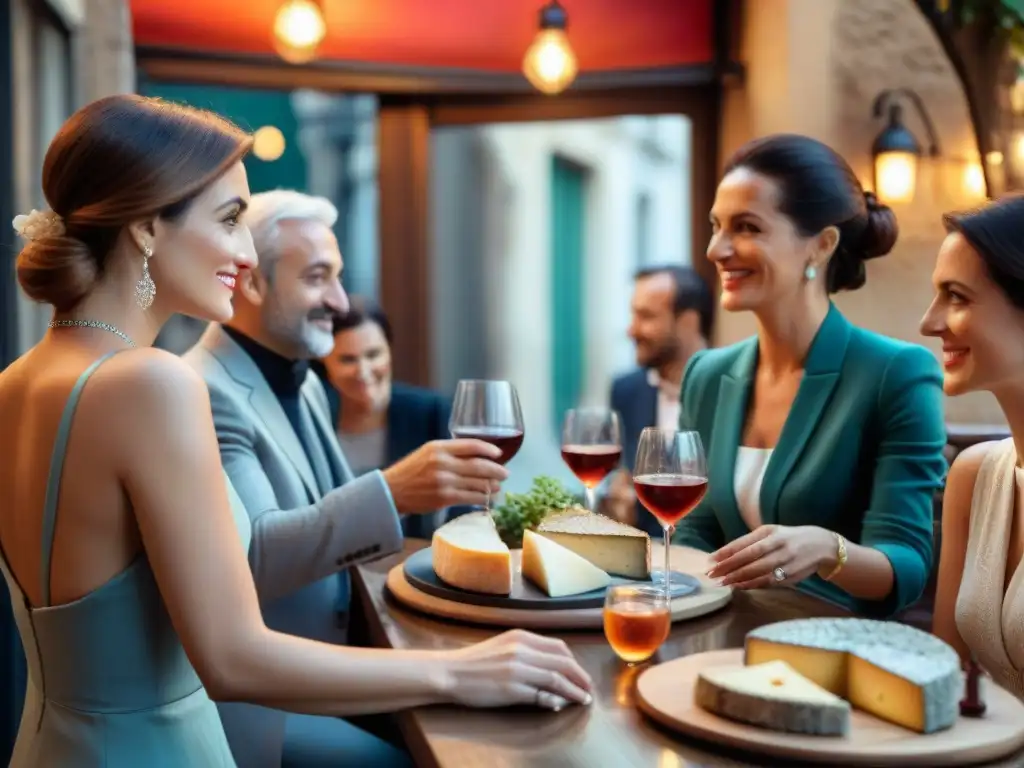 Un animado ritual del aperitivo en Francia: elegante bistró, locales disfrutando de aperitivos y charcutería junto a vermut y pastis